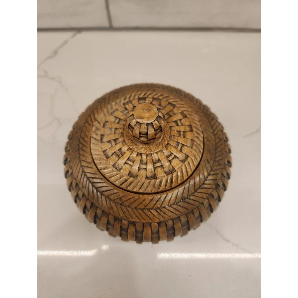 Vertical Wicker Weave Brown Soapstone Jar Trinket Decor Box with Lid‎ Heavy